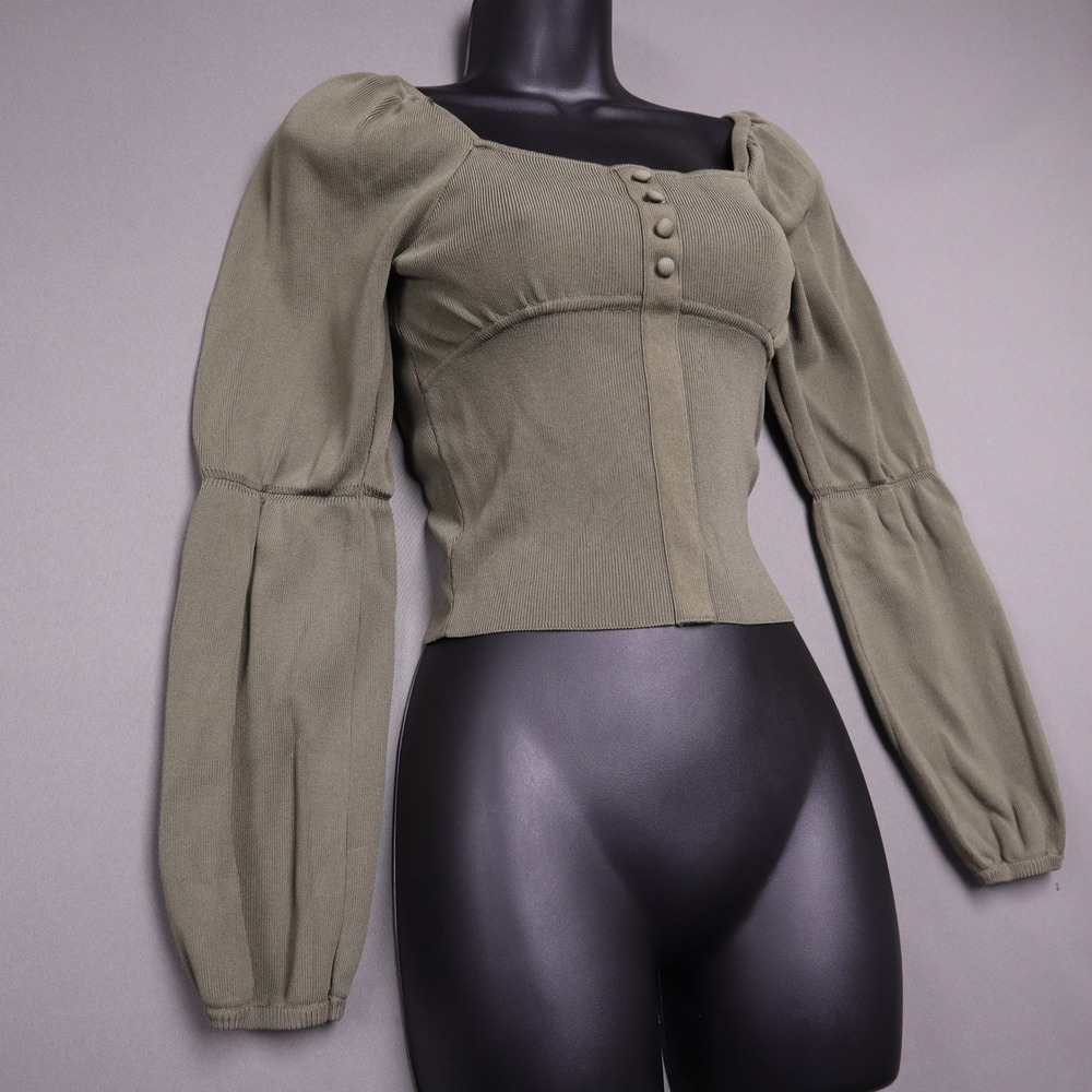 Zara Women Olive Green Ribbed Knit Puff Sleeve Square Neck Top Small 2142/176